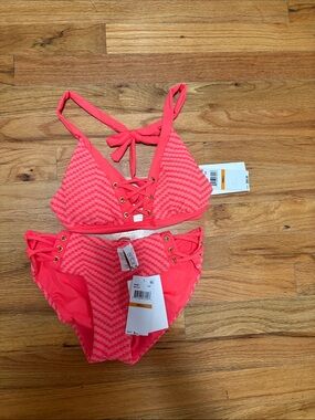 BECCA Coral Pink Lace-Up Chevron Bikini Set